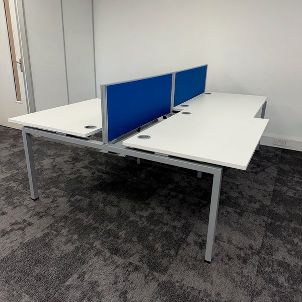 Used Mobili Sliding Top White Bench Desks with Cable Trays and Blue Screen - Banks of 4,6,8