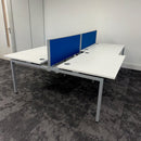 Used Mobili Sliding Top White Bench Desks with Cable Trays and Blue Screen - Banks of 4,6,8
