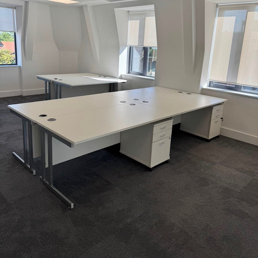 Used White Single Cantilever Desk with 3 Draw Mobile Pedestal