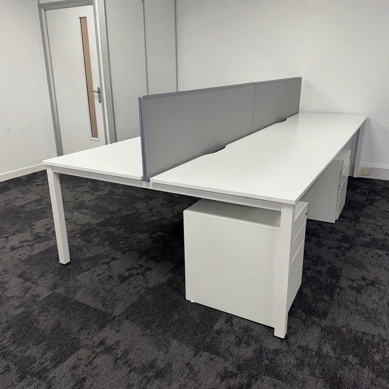 Used Kinnarps White Bench Desk Bundle with Screen and Pedestal