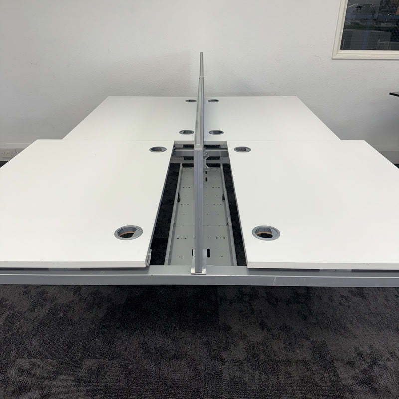 Used Mobili Sliding Top White Bench Desks with Cable Trays and Blue Screen - Banks of 4,6,8