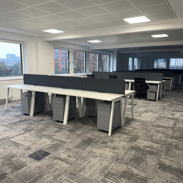 Used Nova White Single Bench Desk Set with Screen and Pedestal