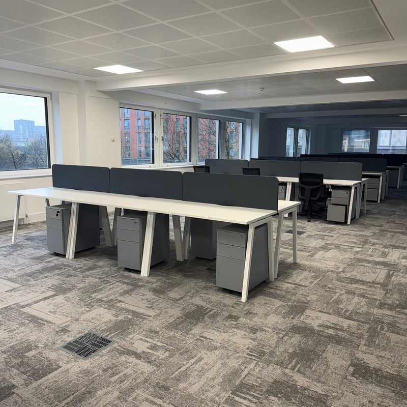 Used Nova White Single Bench Desk Set with Screen and Pedestal