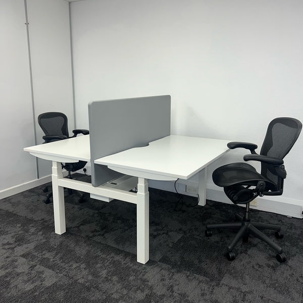 Used Electric Height Adjustable White Bench Desk with Screen and Cable Tray