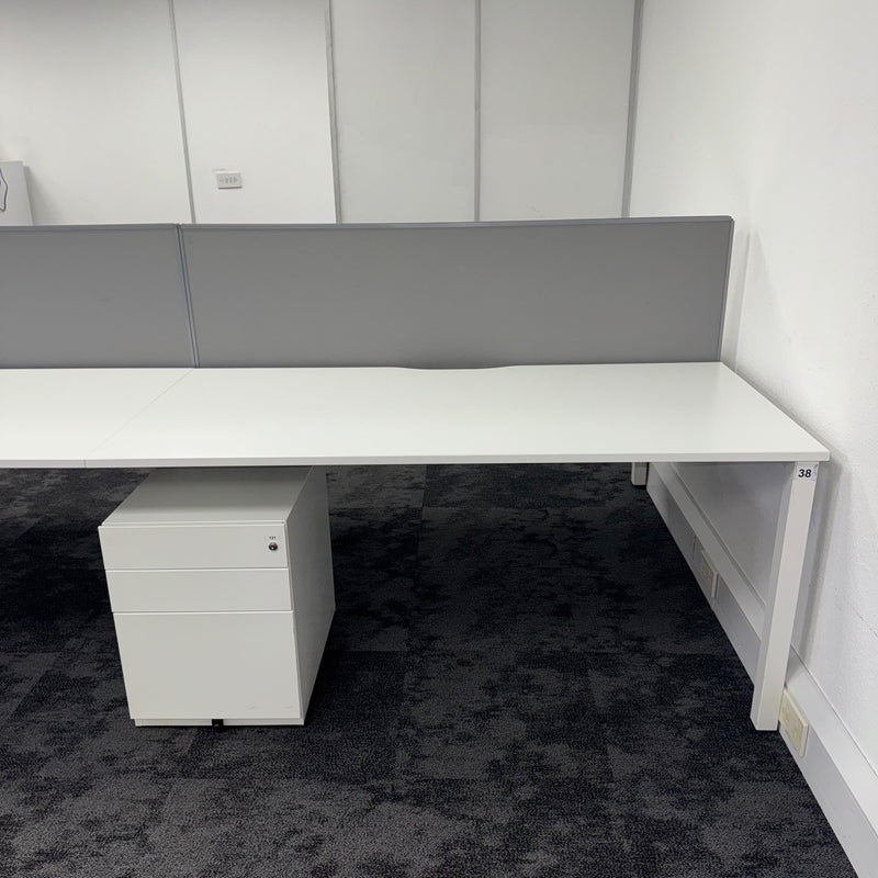 Used Kinnarps White Bench Desk Bundle with Screen and Pedestal