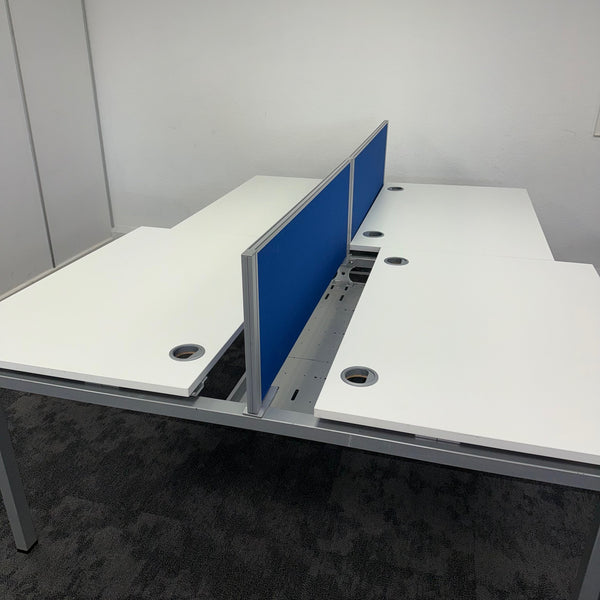 Used Mobili Sliding Top White Bench Desks with Cable Trays and Blue Screen - Banks of 4,6,8
