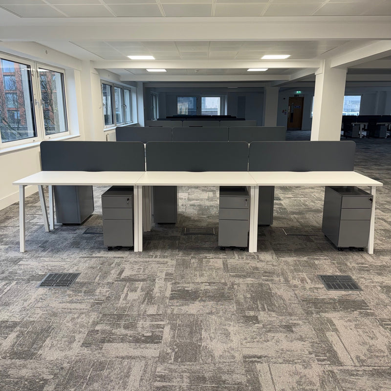 Used Nova White Single Bench Desk Set with Screen and Pedestal