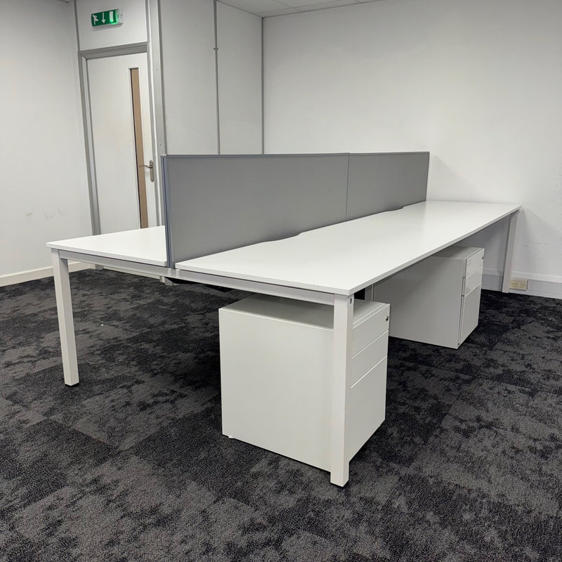 Used Kinnarps White Bench Desk Bundle with Screen, Cable Tray and Pedestal