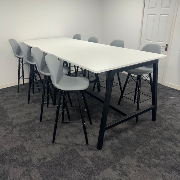 Used White High Table Set with 8 Grey Stools