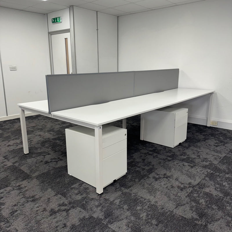 Used Kinnarps White Bench Desk Bundle with Screen, Cable Tray and Pedestal