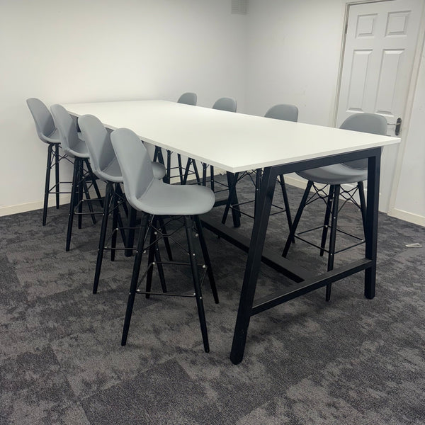 Used White High Table Set with 8 Grey Stools