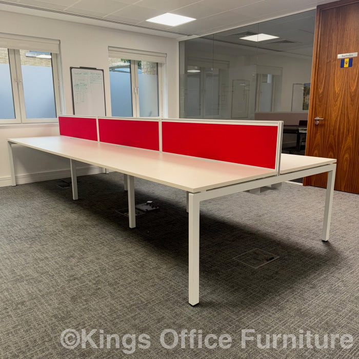 Used Triumph White Bench Desks With Screens And Cable Trays