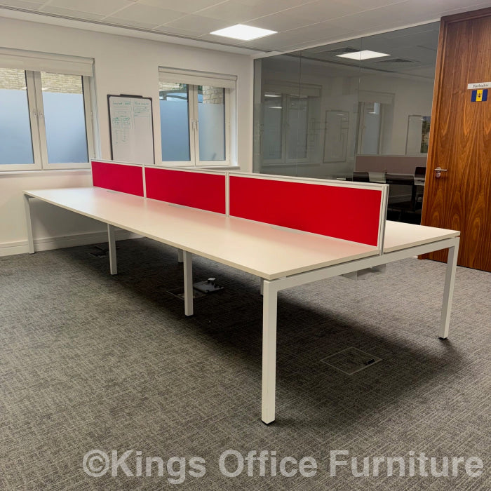 Used Triumph White Bench Desks With Screens And Cable Trays