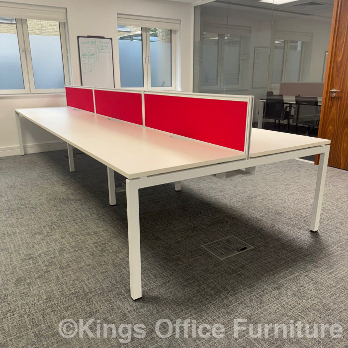 Used Triumph White Bench Desks With Screens And Cable Trays