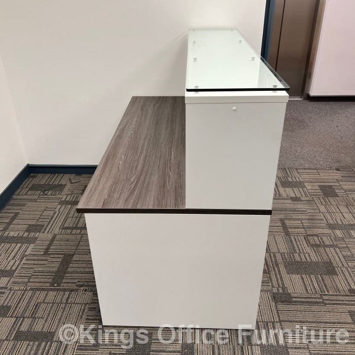 Used White And Grey Oak Reception Counter With Pedestal