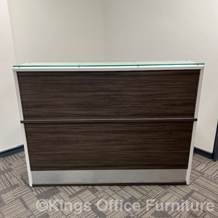 Used White And Grey Oak Reception Counter With Pedestal