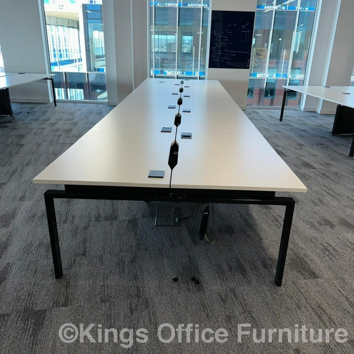 Used White Bench Desks With Introgated Power And Cable Tray