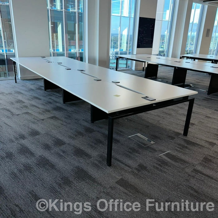 Used White Bench Desks With Introgated Power And Cable Tray