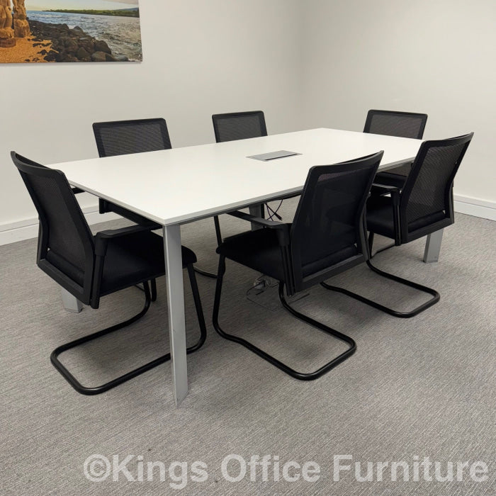 Used White Meeting Table Set With Power And Mesh Chairs