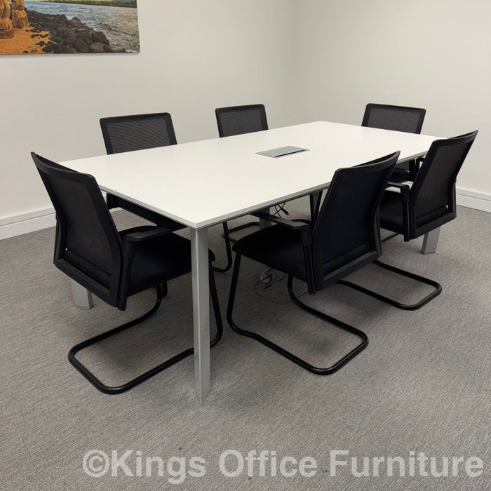 Used White Meeting Table Set With Power And Mesh Chairs