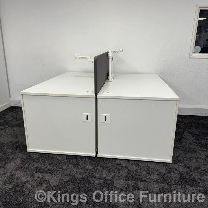 Used White Single Bench Desk Bundle With Pedestal