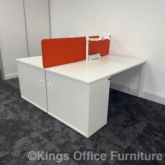 Used White Single Bench Desk Bundle With Pedestal