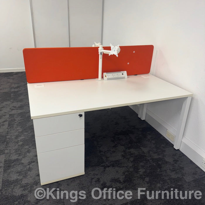 Used White Single Bench Desk Bundle With Pedestal