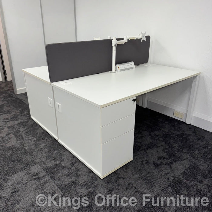 Used White Single Bench Desk Bundle With Pedestal