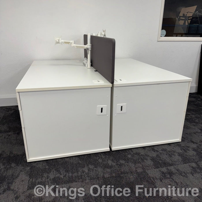 Used White Single Bench Desk Bundle With Pedestal