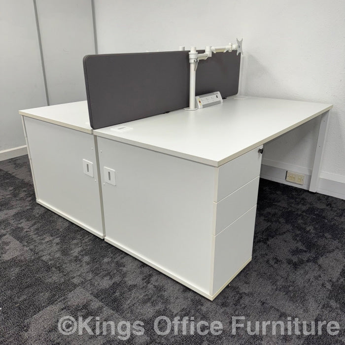 Used White Single Bench Desk Bundle With Pedestal