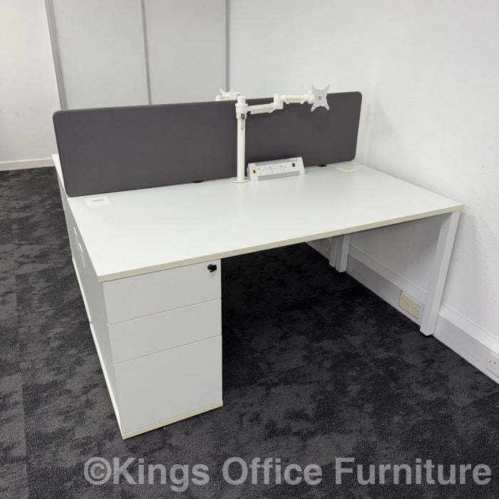 Used White Single Bench Desk Bundle With Pedestal