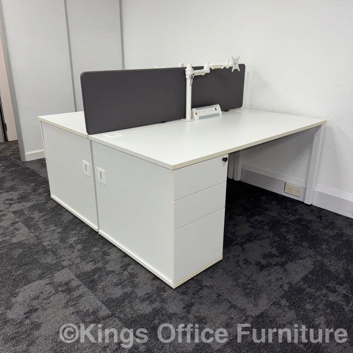 Used White Single Bench Desk Bundle With Pedestal