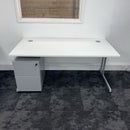 white cantilever office desk with a three drawer pedestal