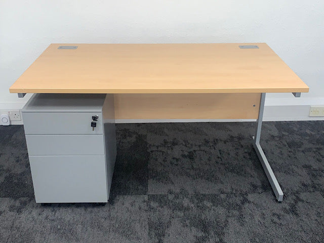 Used 1400mm Beech Desk with 3 Draw Mobile Pedestal
