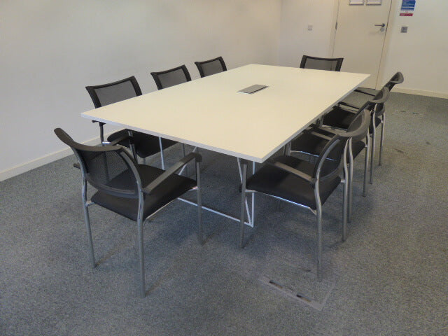 White Boardroom Table + 8 Black Mesh Meeting Chairs